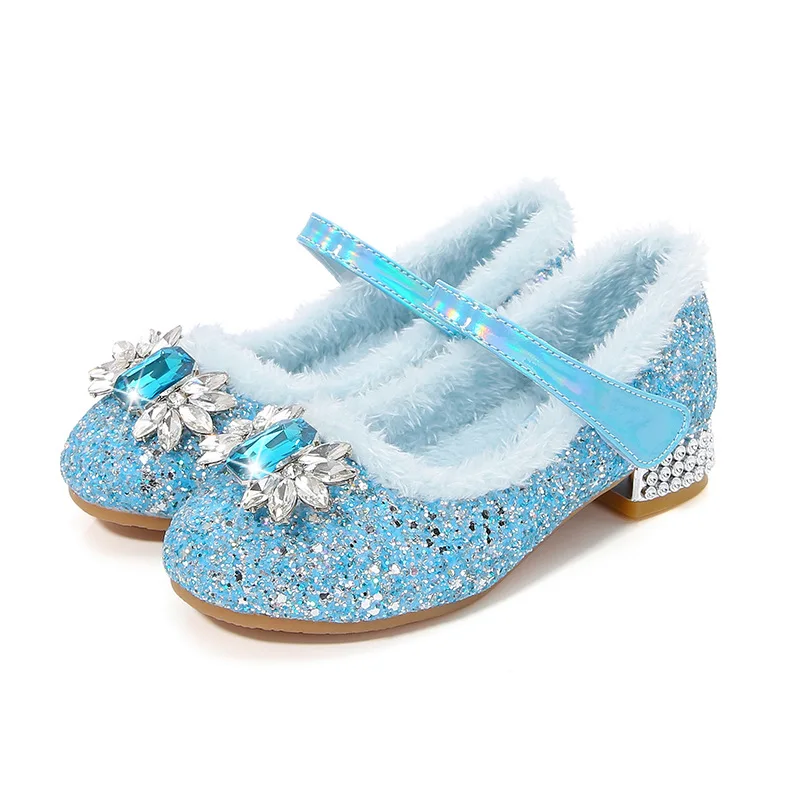 

Disney Girls Frozen Princess Elsa Shoes Sequins Rhinestone Kid's Blue Pink Children's Warm Winter Shoes Size 23-36