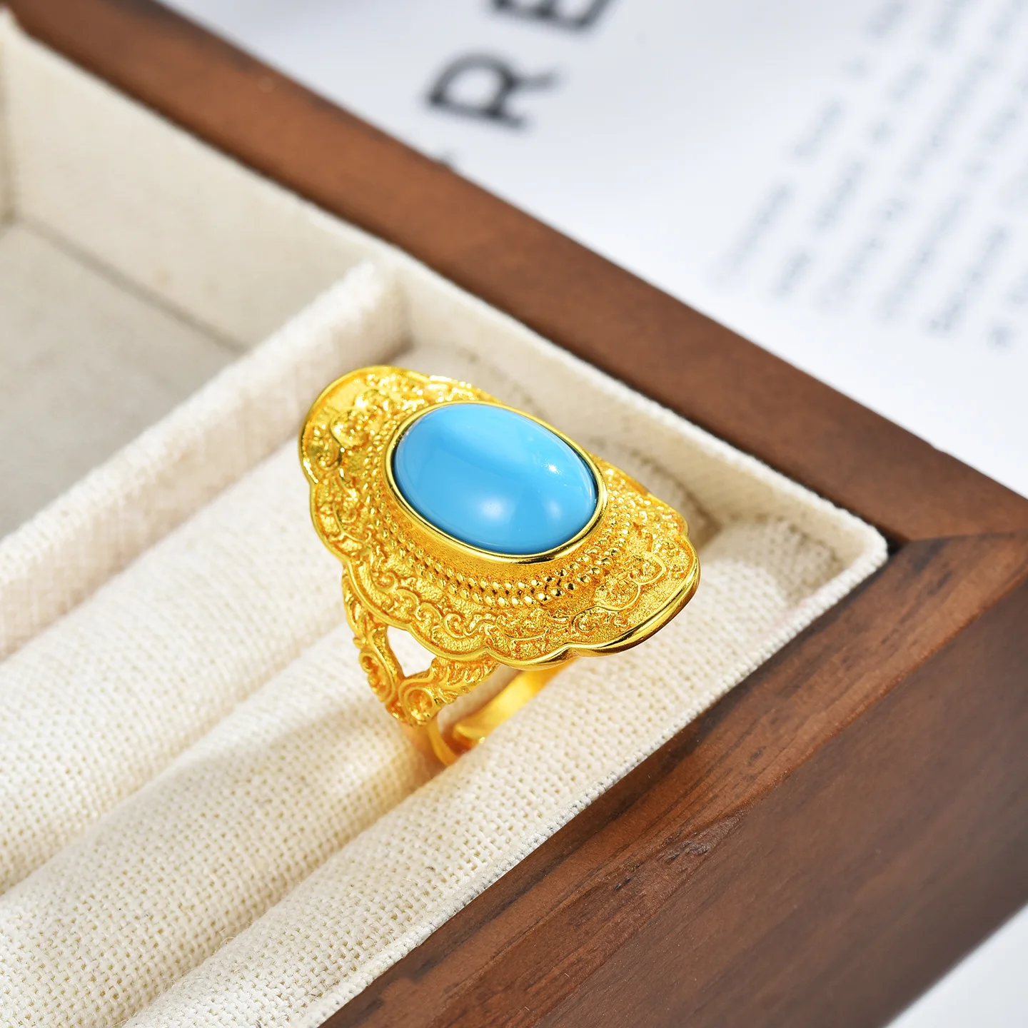 Luxury 24K 9999 Pure Gold real gold Women's Agate Blue Ring with Xiangyun Pattern