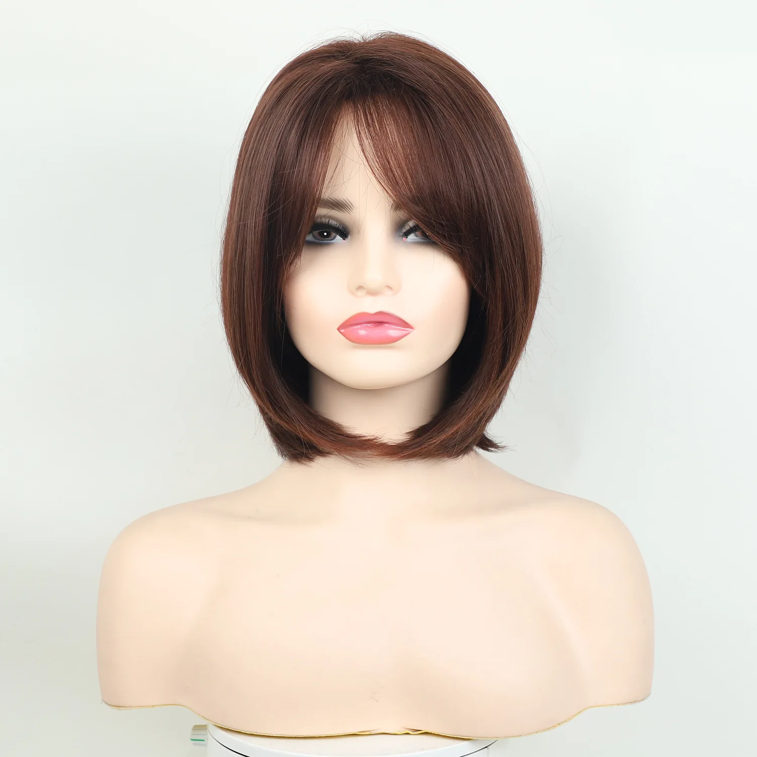 Short Bob Synthetic Brown Hair Wigs with Side Bang Straight Layered Wig for Women Cosplay Daily Heat Resistant