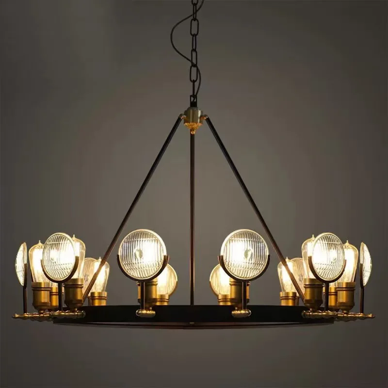 American Industrial Black Metal and Glass Pendant Lamp Round Ceilings Lustre with Brass Details