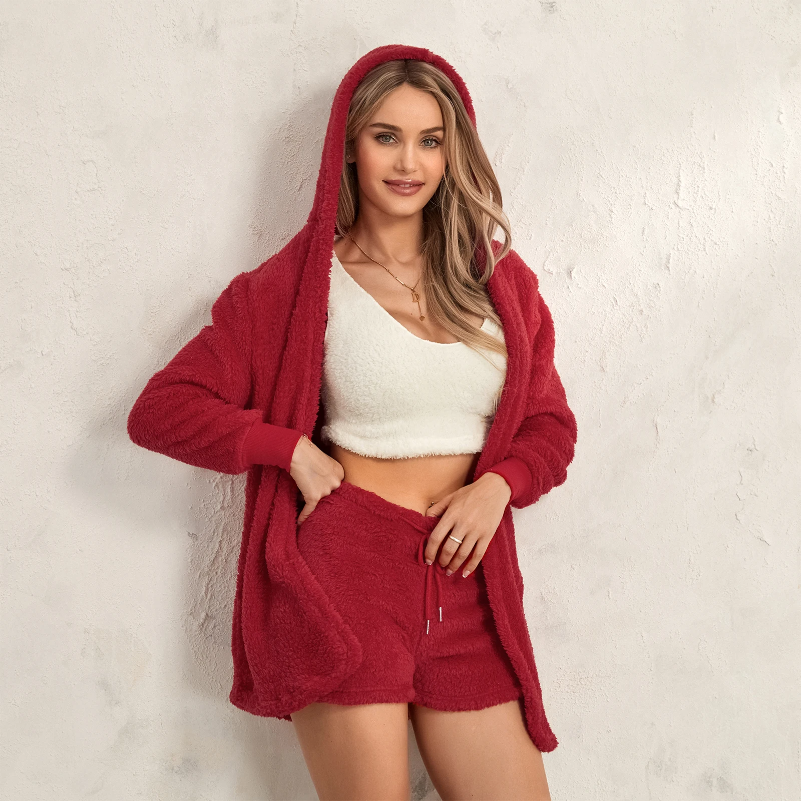 Women Solid Color Long Sleeve Hoodies Cardigan Tank Tops Shorts Winter Plush Pajamas Set 3 Pieces Loungewear Suits Sleepwear