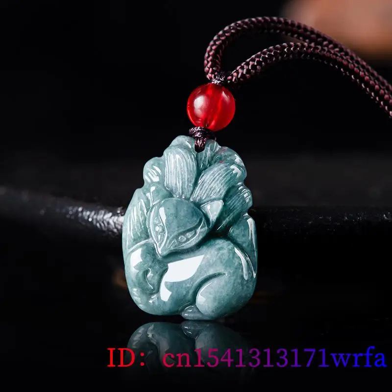 Blue Myanmar Jade Nine Tailed Fox Pendant Necklace Natural Burmese Jadeite Gift Real Jewelry Luxury Vintage Carved