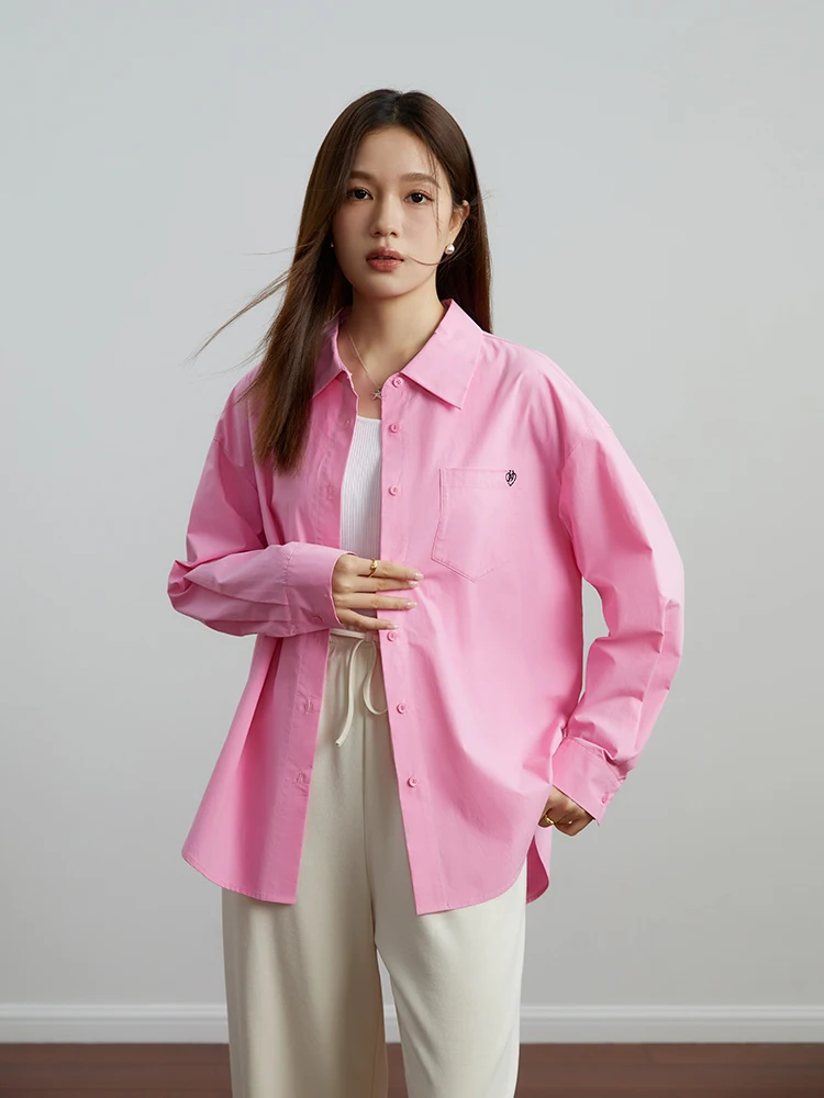 DUSHU 100% Cotton Women Pink Blouse Polo Neck Pocket Decoration Loose Drop Sleeve Female Long Sleeve Shirts Casual Solid Blouses