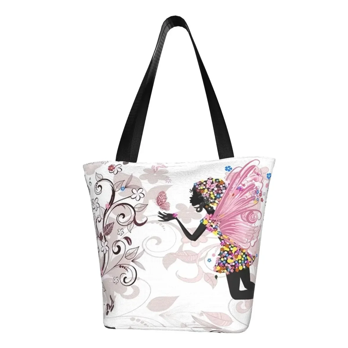 Flower Fairy  Girl Grocery Tote Shopping Bag Women Custom Canvas Shoulder Shopper Bag Large Capacity Handbags