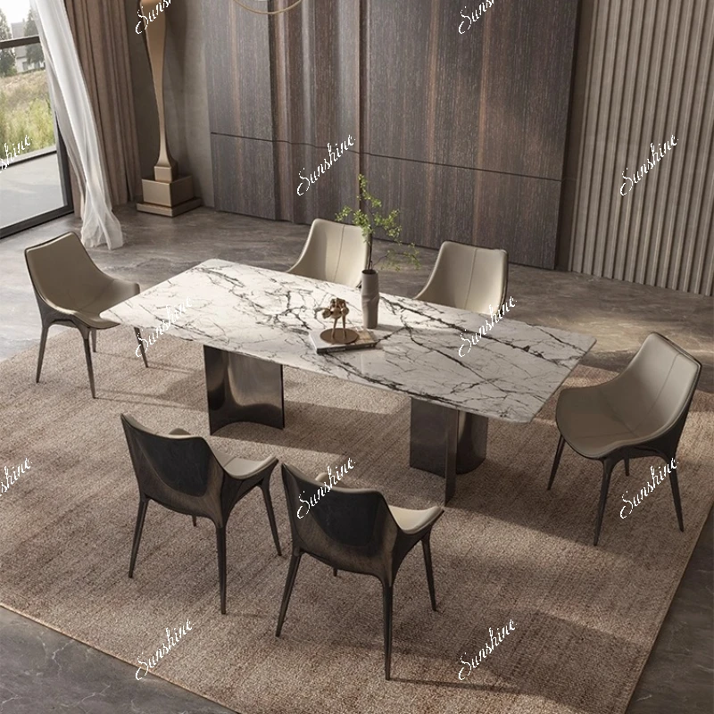 Rectangle household minimalist light luxury stainless steel bright gray titanium feet dining table and chairs