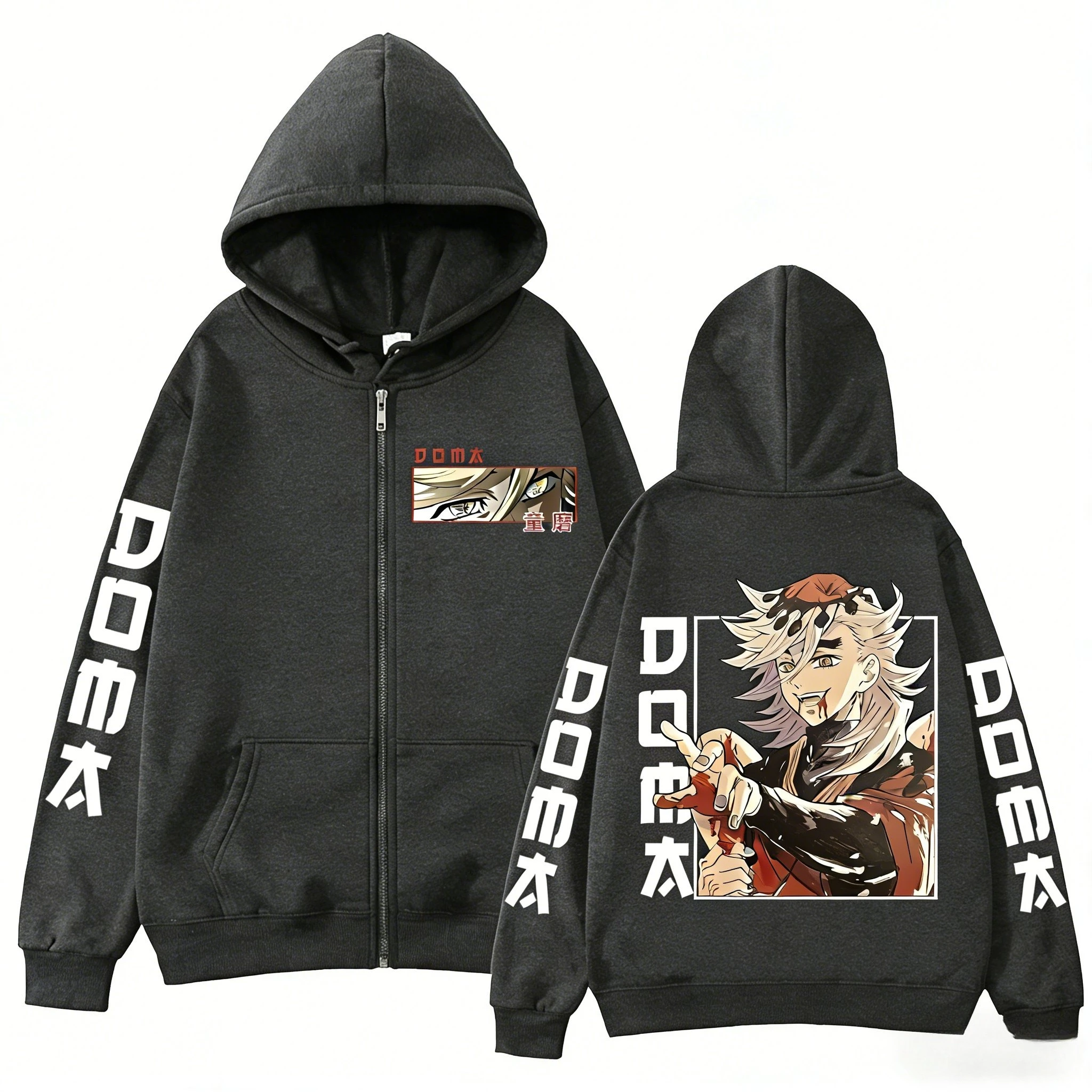 Sudadera con capucha Unisex de Anime Demon Slayer Doma, chaqueta con cremallera, ropa de calle con estampado de gran tamaño, manga larga, moda gótica informal 2026