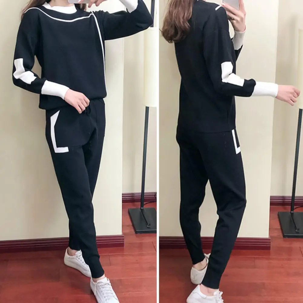 1 Set Spring Autumn 2 Piece Women Pullover Pants Tracksuits Fashion Knitted Pocket Pant Set Ladies Sweater Suit