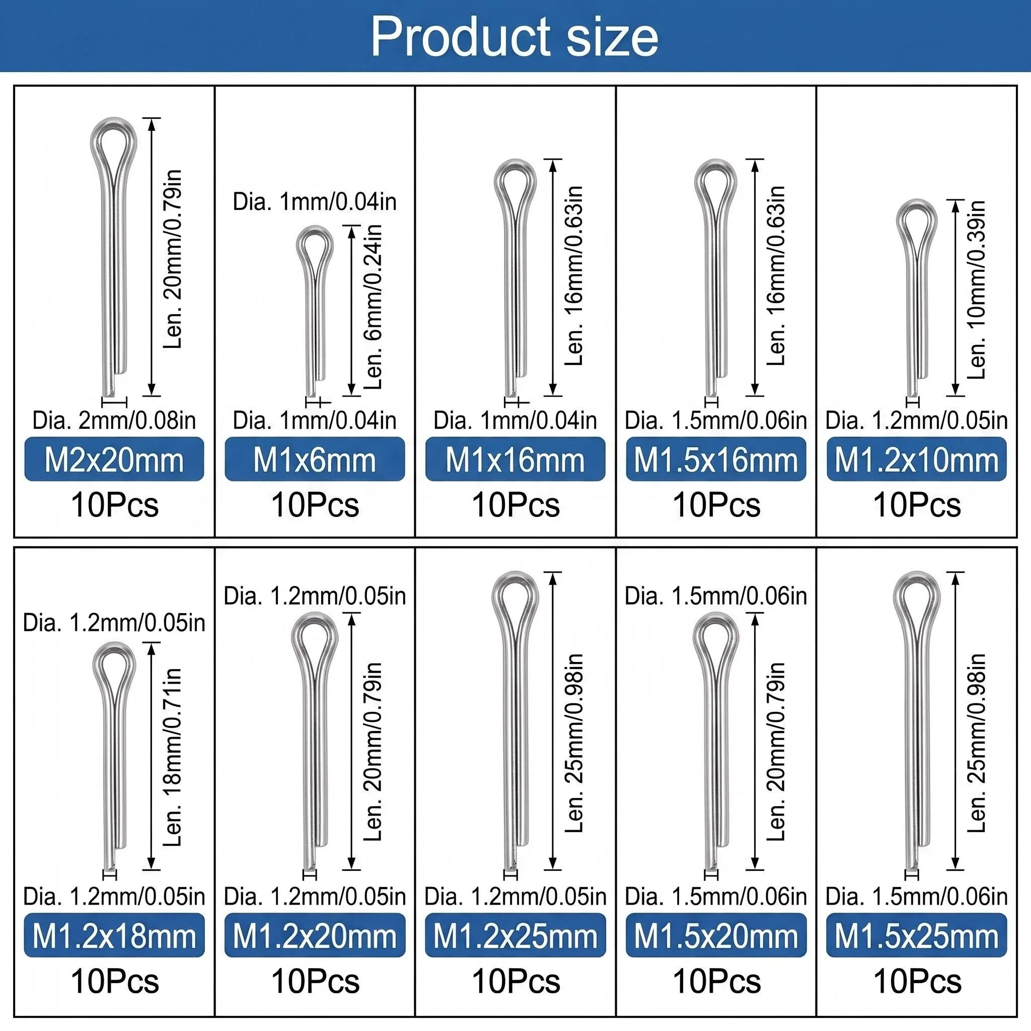 100Pcs Cotter Pin Assortment Kit 10 Sizes Cotter Pins R Clips for Hitch Pin Lock System Automotive Repair Tool Set