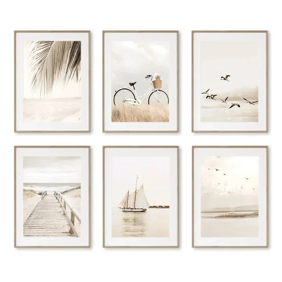 Bike Reed Girl Boat Beach Beige Landscape Wall Art Canvas Painting Poster Printing Natural Images Nordic Living Room Decoration