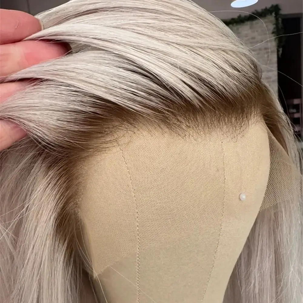 

Мягкий длинный прямой парик с платиновым блондом и кружевной передней частью для женщин, с естественной линией роста волос, термостойкое синтетическое волокно, парик для косплея, женский