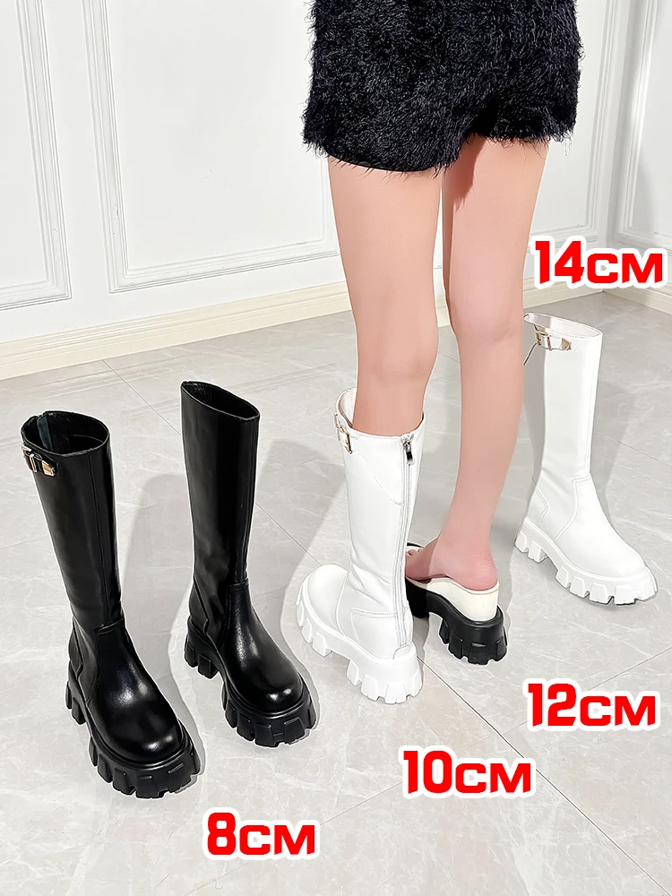 8-14cm Women Elevator Shoes Chunky Platform Boots Female Height Increasing Shoes Classic Black Long Boots Luxury Design Booties