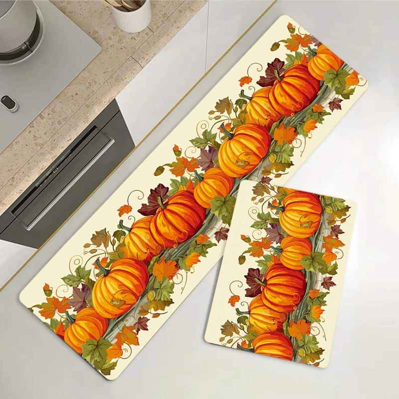 1 Piece Maple Leaf and Pumpkin Pattern Mat Farmhouse Style Thanksgiving Rectangular Non-slip Rug for Bathroom and Kitchen