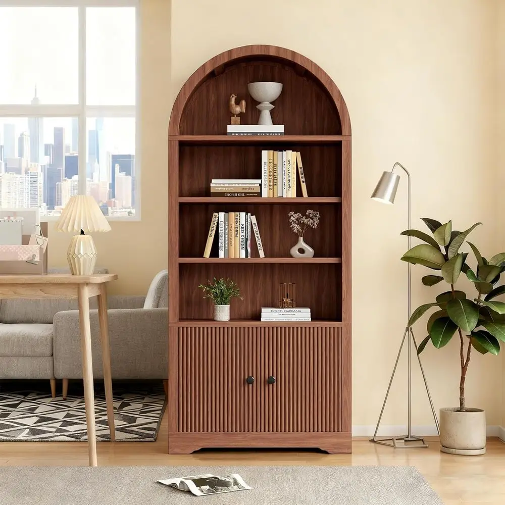 70 Inch High Arched 2-Door Bookshelf with Storage, Adjustable Wooden Shelving for Home Office Living Room, Walnut Finish
