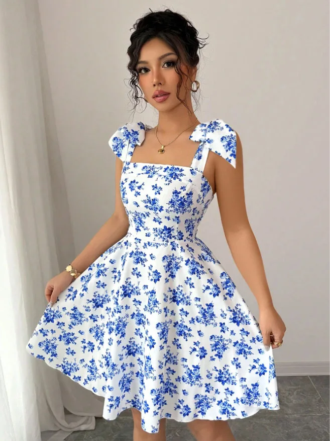 

Women's Blue Floral Print Mini Dress Square Neck Bow Strap Sleeveless A Line For Summer Vacation Party Date Casual Wear