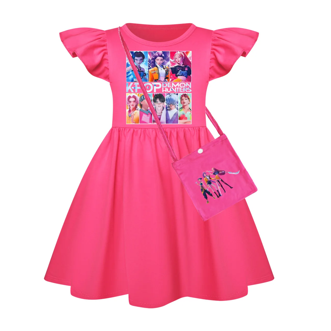 فستان صيفي قصير الأكمام للفتيات الصغيرات من KPop Demon Hunters، مجموعة ملابس أطفال كاجوال مع حقيبة #2