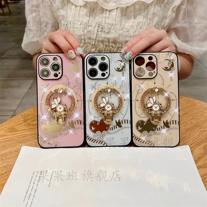 Блестящий бриллиантовый держатель с рисунком кролика Магнитный чехол для телефона iPhone 16 15 14 13 Pro Max с тонким отверстием Магнитный жесткий чехол для зарядки