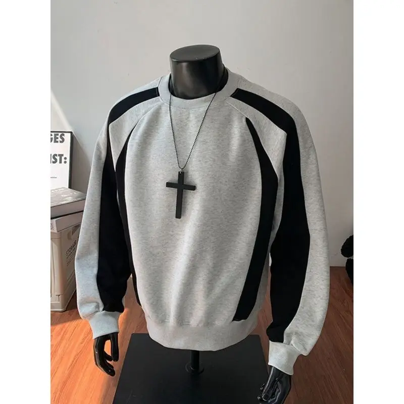 Men Contrast Color Spliced Sweatshirt Hip Hop Loose Fit Round Neck Sweatshirt Casual Raglan Long Sleeve Pullover Tops Autumn