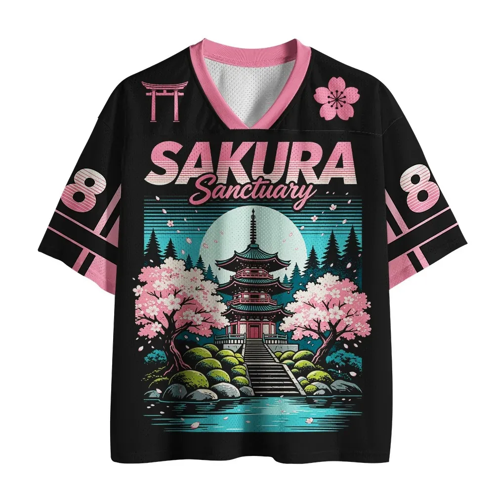 Japanese-style Quick-dry V-neck T-shirt Featuring A Cherry Blossom Temple and Oriental Landscape Design; Casual Streetwear Style