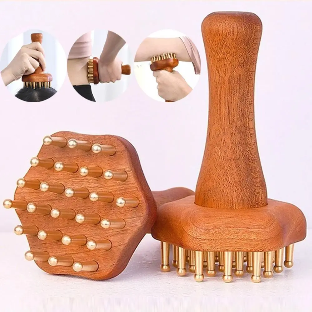 

Portable Wood Massage Brush Copper Head Wooden Handle Brass Gua Sha Massage Tool Comfortable Skin Scraping Meridian Massager