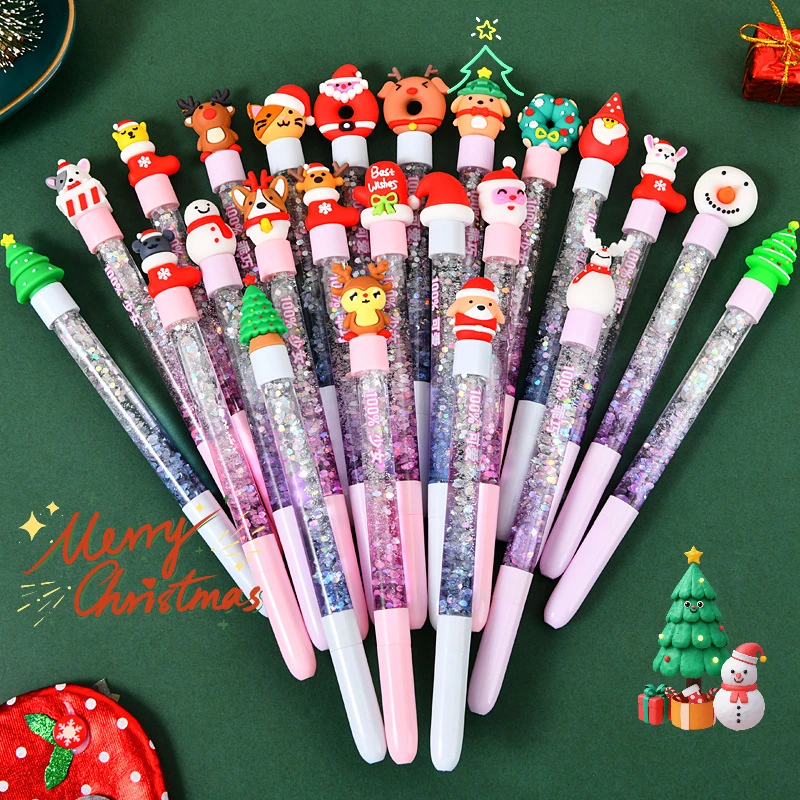 30Pcs/Lot Cute Cartoon Christmas Colorful Oil Flowing Sand Gel Pen 0.5mm Black Ink Pens School Office Writing Stationery Gifts