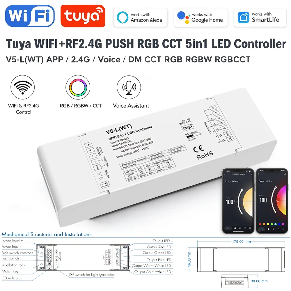 Tuya WiFi 5 in1 RGB+CCT LED Controller V5-L(WT) 2.4G HZ RF RGB CCT RGBW RGBCCT LED Dimmer APP Voice Control Work with Alexa Home