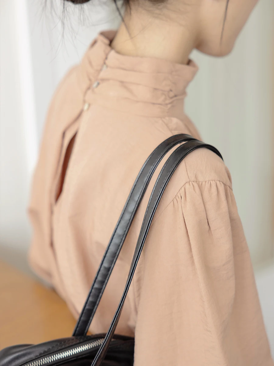 

Женская свободная блузка Ele 2025: весенне-осенний топ с длинным рукавом и высоким воротником, повседневный, модный, удобный, из регенерированного волокна