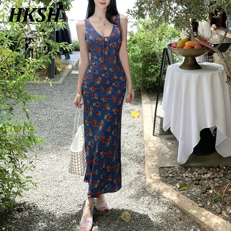 HKSH Summer New Women Chic Fashion Vacation Style Sweet V-neck Waist-cinching Slimming Sleeveless Floral Strap Long Dress HK5861