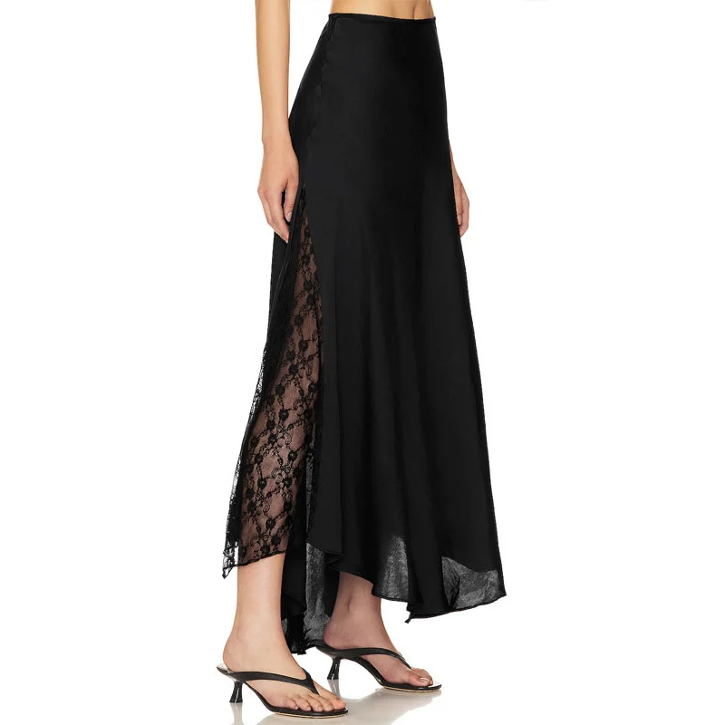 Lace Patchwork Elegant Maxi Skirt Women's French Elegant High Waist Irregular A-Line Party Long Evening Skirt 2026 Temperament