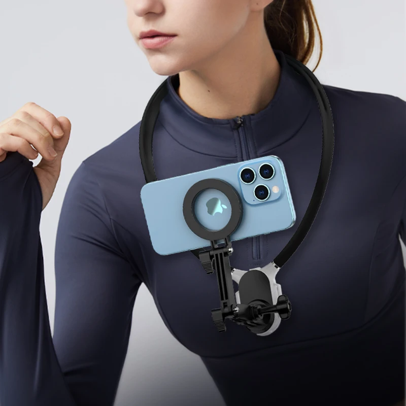 حامل مغناطيسي للرقبة للهاتف المحمول حامل هاتف للرقبة بدون استخدام اليد وكاميرا الحر وتسجيل الفيديو ودعامة بث مباشر ثابتة