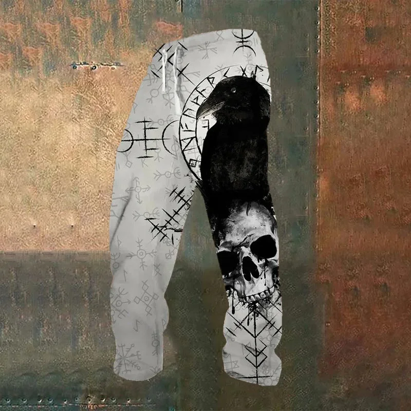 Men's casual pants retro Viking crow 3D printed casual pants drawstring straight leg pants summer beach pants