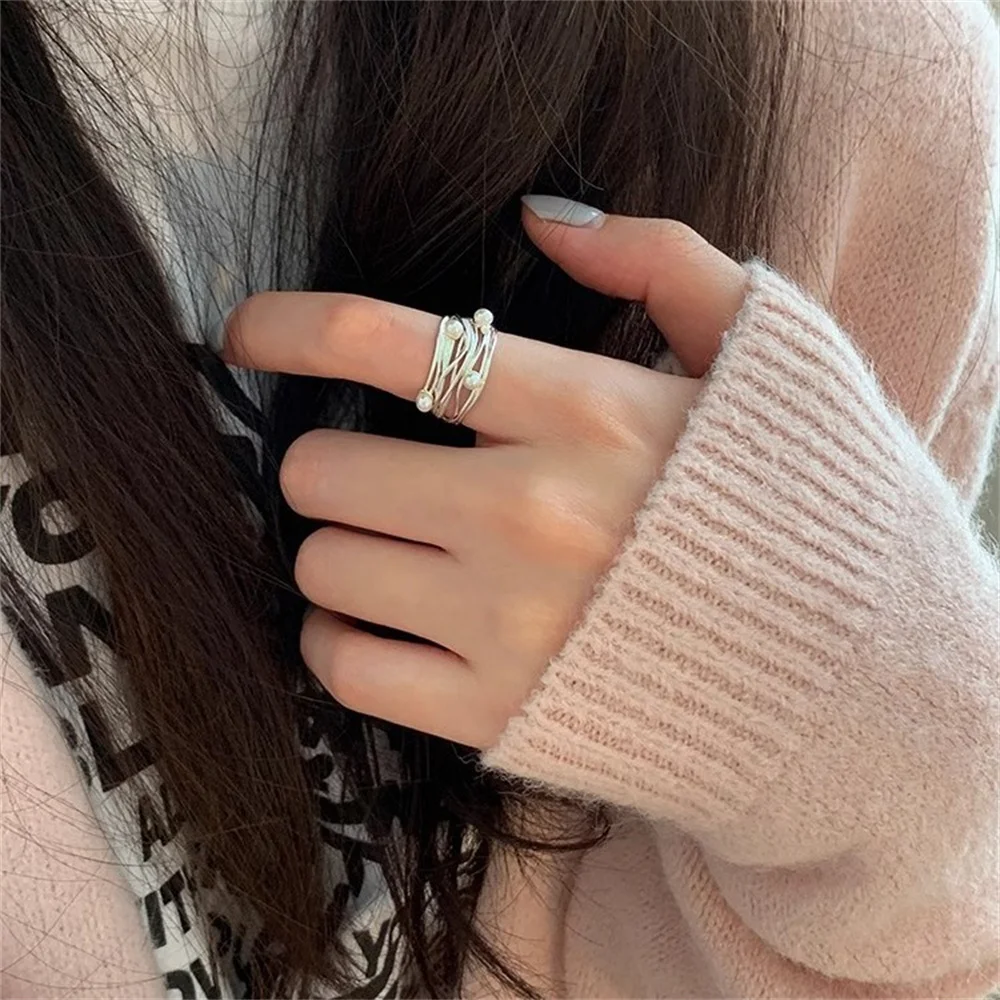 Ring mit geometrischen Linien und Perlenimitat für Damen, schlicht, unregelmäßig, breiter Rand, offener Ring, Schmuck für den täglichen Gebrauch – Detail 4