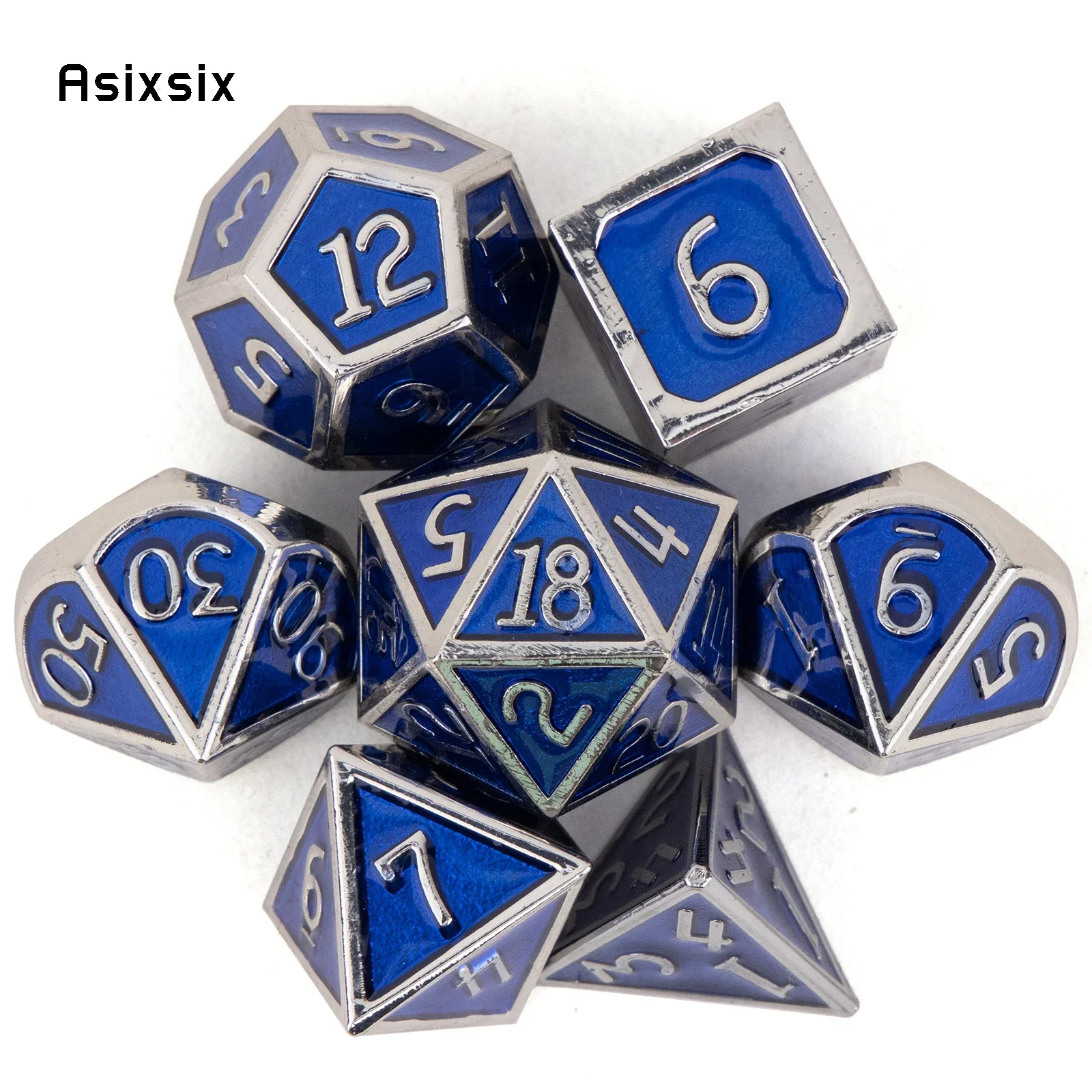

7 Pcs Silver Blue Standard Metal Dice Solid Metal Polyhedral Dice Set Suitable For Role-Playing RPG Gift Card Game