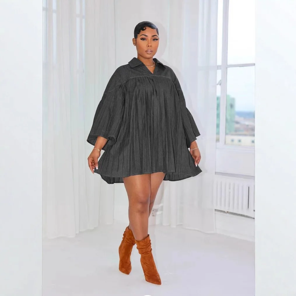 Denim Dress Women Pleated Dresses A Line Vestidos Long Sleeve Turn Down Collar Loose Splice Elegant Y2k Streetwear Work Autumn - view 4