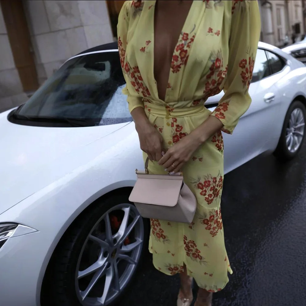 عميق الخامس الرقبة طباعة فستان ماكسي مثير للنساء سليم الفخذ سبليت عالية الخصر أنيقة موضة فستان مناسبات الإناث فيستدو