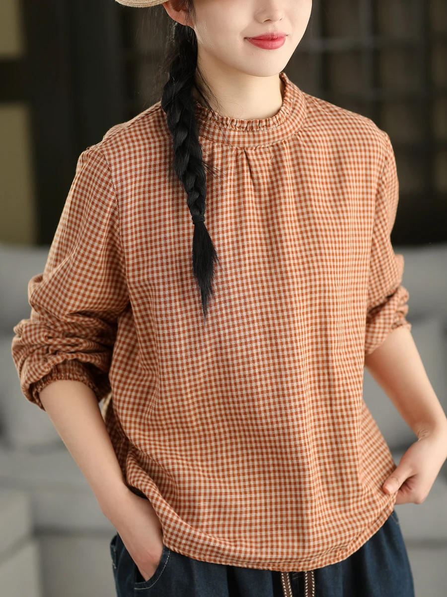 

Artistic Pure Cotton Long Sleeve Shirt with Gingham Pattern And Collar Garden Beauty Women's Loose Fit Vintage Style Top