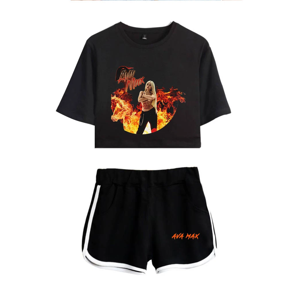 Fashion Youthful Ava Max Girls Dew navel Two Piece Set Women Sexy Shorts+lovely T-shirt Cute Dew navel Sport Girl suits