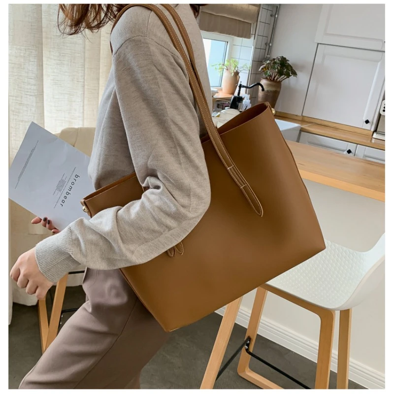 PU Tote Bag Girl 2022 New Double Root Coffee PU Large Capacity  Portable Solid Color Mother Bag Sac A Main Femme