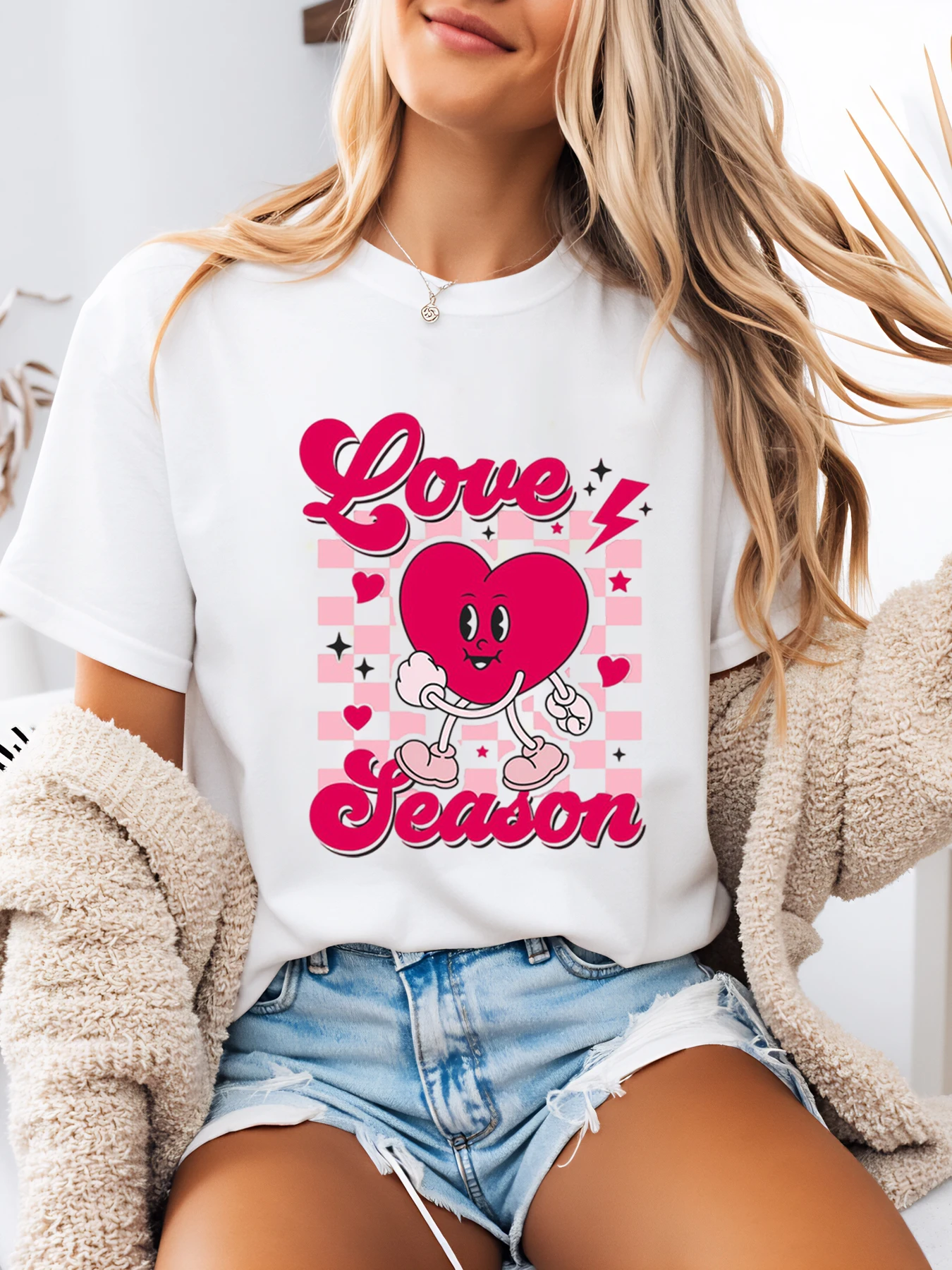 

Love Season Heart Cartoon Print Valentine t Shirt Women Casual Summer Outfit White Plus-Size