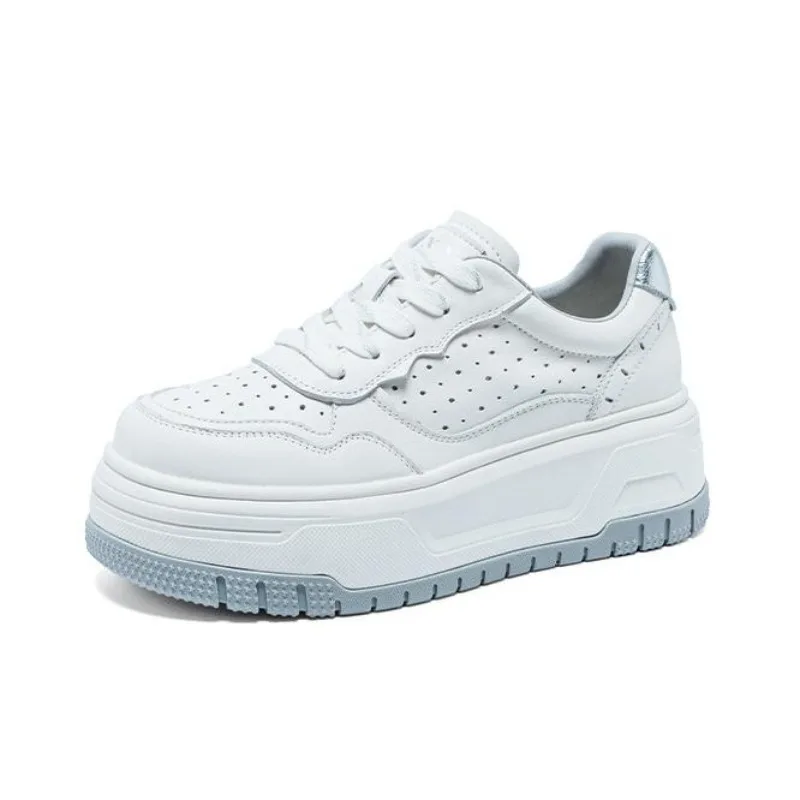 

Fashion Women Casual Sneakers Genuine Leather Thick Sole Chunky Platform With Holes Breathable Height Increasing Shoes