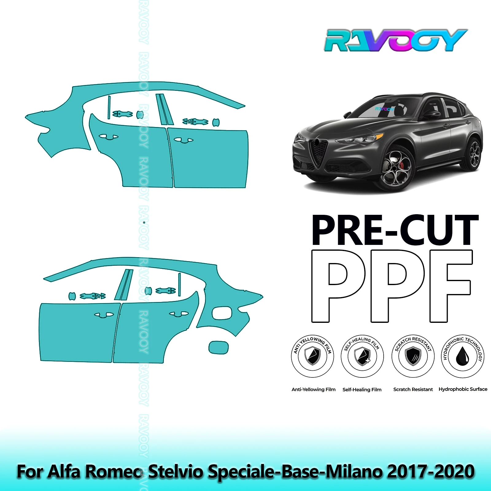 

For Alfa Romeo Stelvio Speciale-Base-Milano 2017-2020 8.5mil Pre-Cut PPF Door & A/B Pillar Kit TPU Paint Protection Film Set