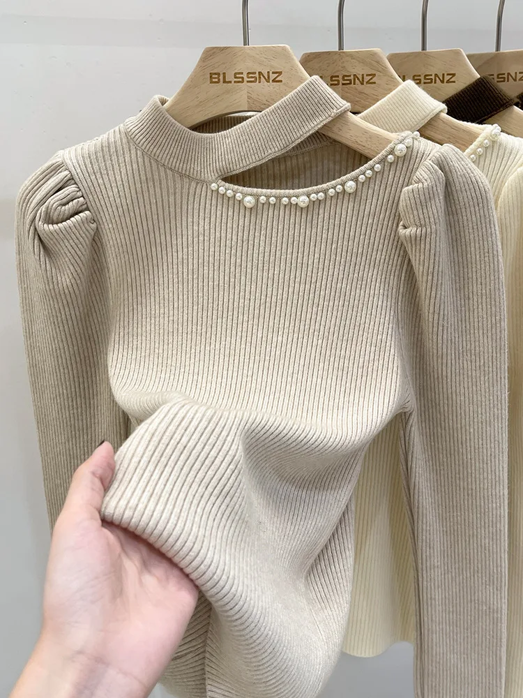 Fashion Simple Pearl Half Turtleneck Sweater Women 2023 New Spring Sense Cut-out Bottoming Long Sleeve Off-Shoulder Sweater Top