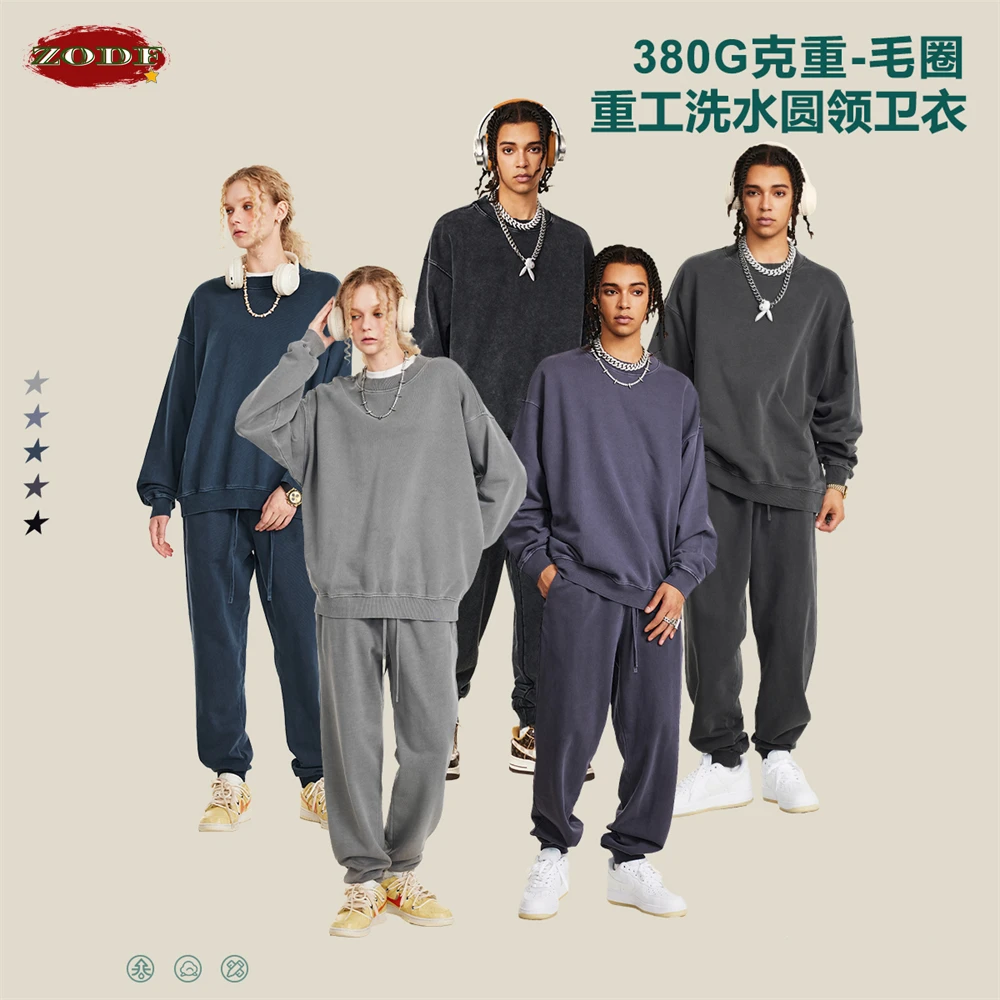 ZODF New Autumn Winter Washed Cotton Sweatshirt For Men Unisex Basic Loose 380gsm Sport Knitted O-Neck Pullovers HY0902