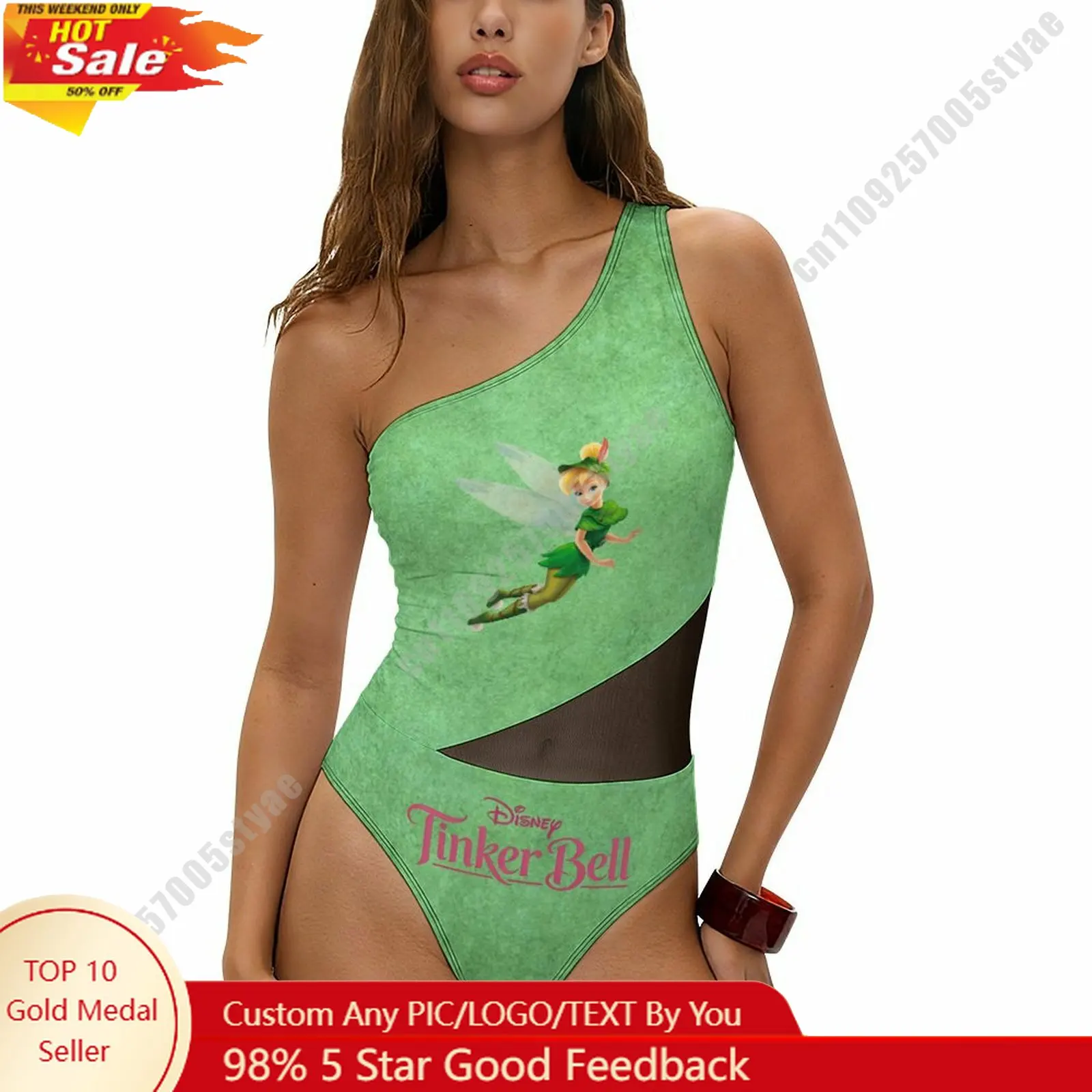 

Tinker Bell Swimsuit Disney Personalized Custom Print One Piece Swimwear Sheer Mesh Cutout Bathing Suit Beachwear Holiday Gifts