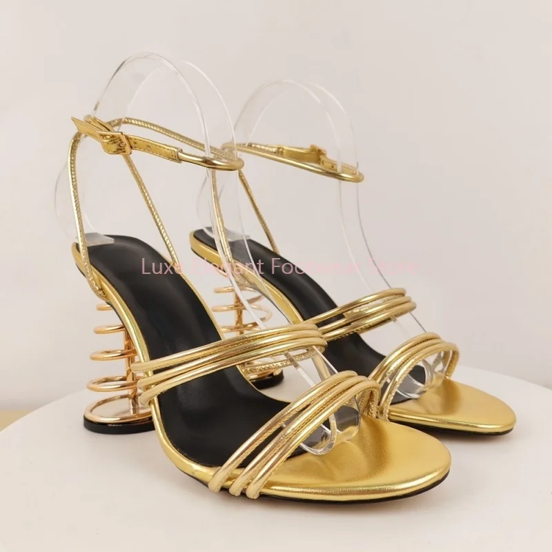 Gold Buckle Strap Open Toe Spiral Heel Sandals Women Patchwork Ankle Wrap Slingback High Heels Street Style Party Modern Shoes
