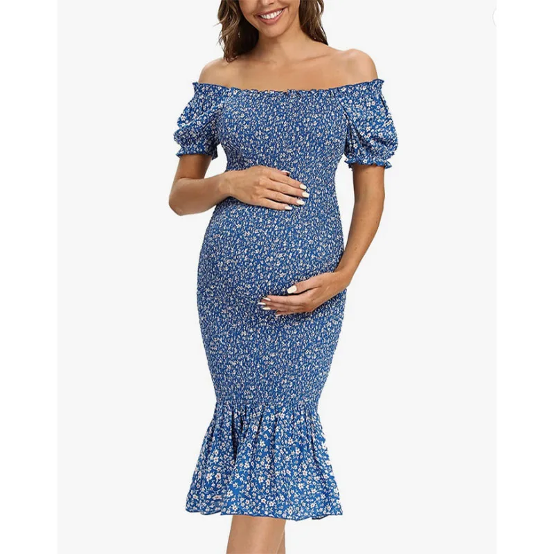 Ropa de maternidad para mujer, Vestido de manga corta con estampado de cuello cuadrado, accesorios para sesión de fotos, vestidos largos por debajo de la rodilla