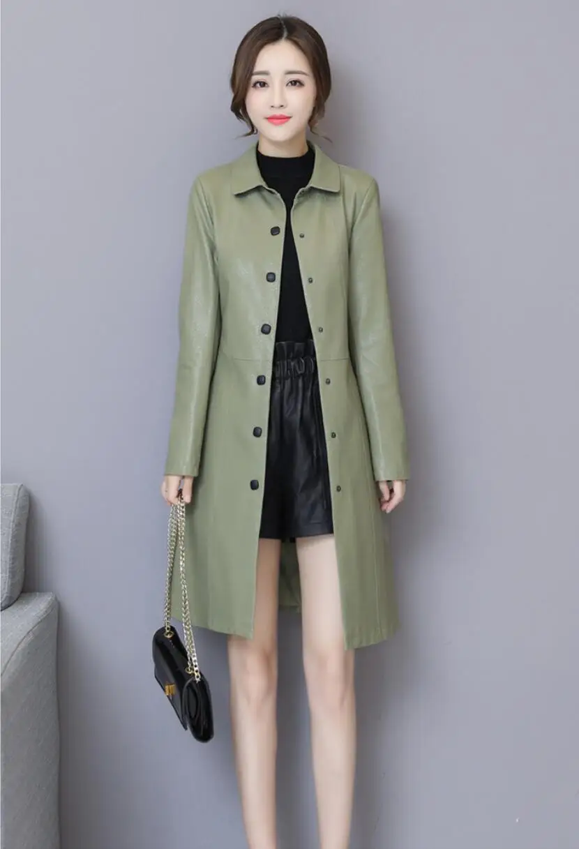 Trench da donna in pelle Moda casual O-Collo monopetto Top in pelle di pecora allentata Cappotto Capispalla lungo in pelle crosta