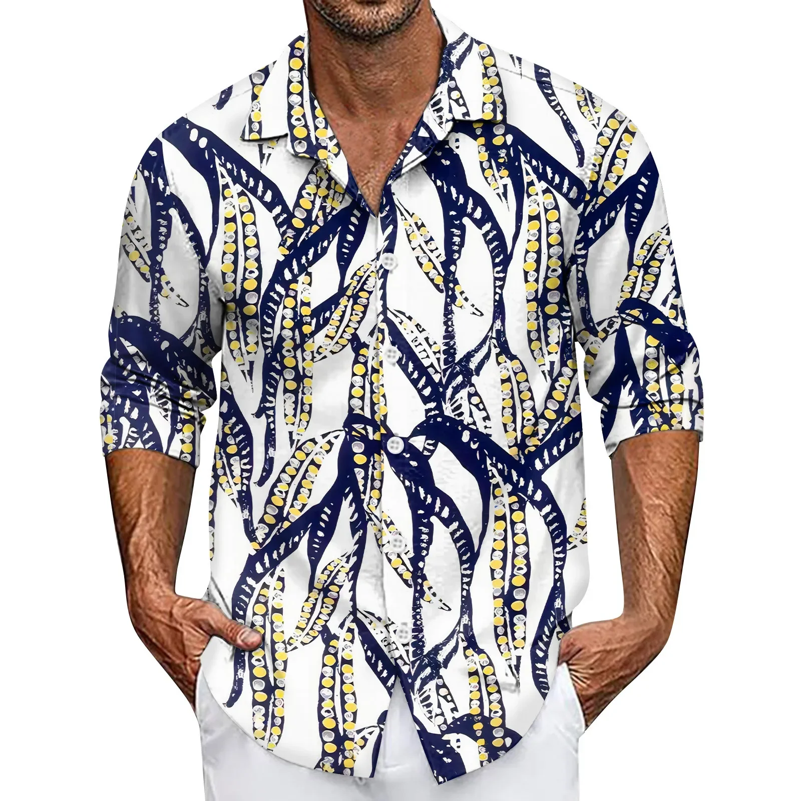 2025Männer T-Shirt Männer Sommer Neue Lose Druck Langarm-shirt Strickjacke Strand Hemd Nuevo En Tops Y Camisetas Erkek Giyim