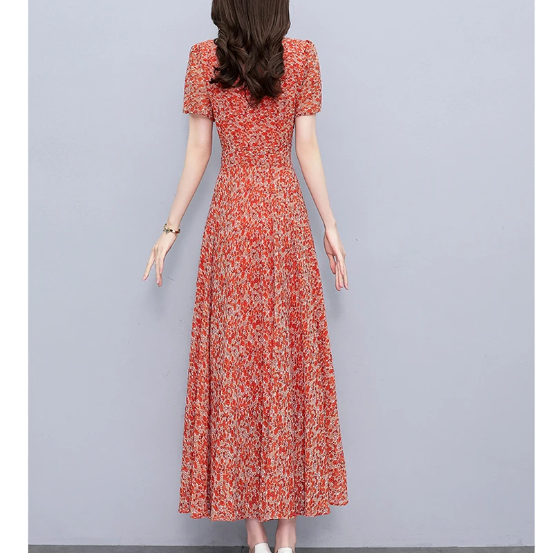 Women Chiffon Long Dresses Summer Female V Neck Short Sleeve Large Size Elegant Slim A Line Floral Printed Pleated Party Vestido