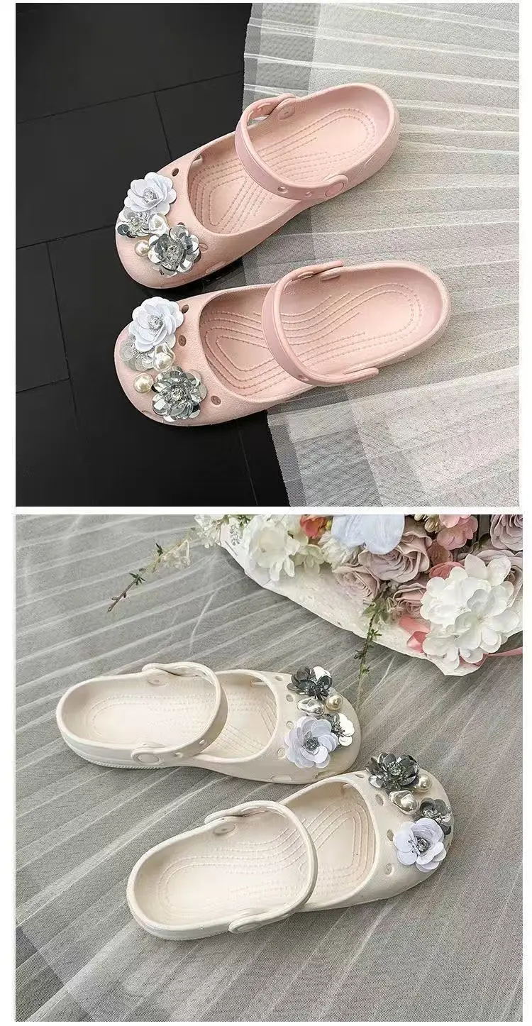 2026 Neue Sommer-Pantoffeln für Damen, Luxuriöse Perlen-Metall-Blumen-Designer-Ballettschuhe, Damensandalen für drinnen und draußen – Detail 20