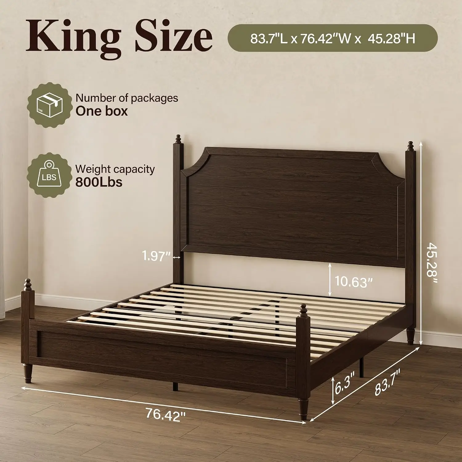 Wood King Size Bed Frame with Curved Headboard, Vintage Platform Bed, Traditional Four Poster Bed with 12 Solid, Customized